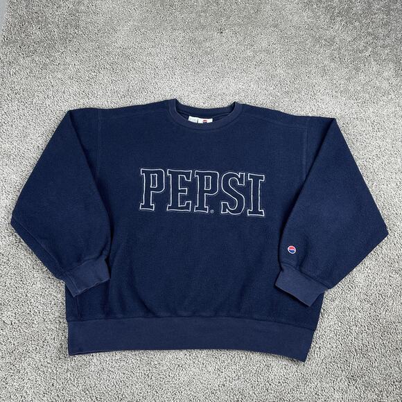 VTG Pepsi Sweatshirt Mens L Navy Blue Fleece Crewneck Spell Out Logo Pullover - Picture 1 of 10